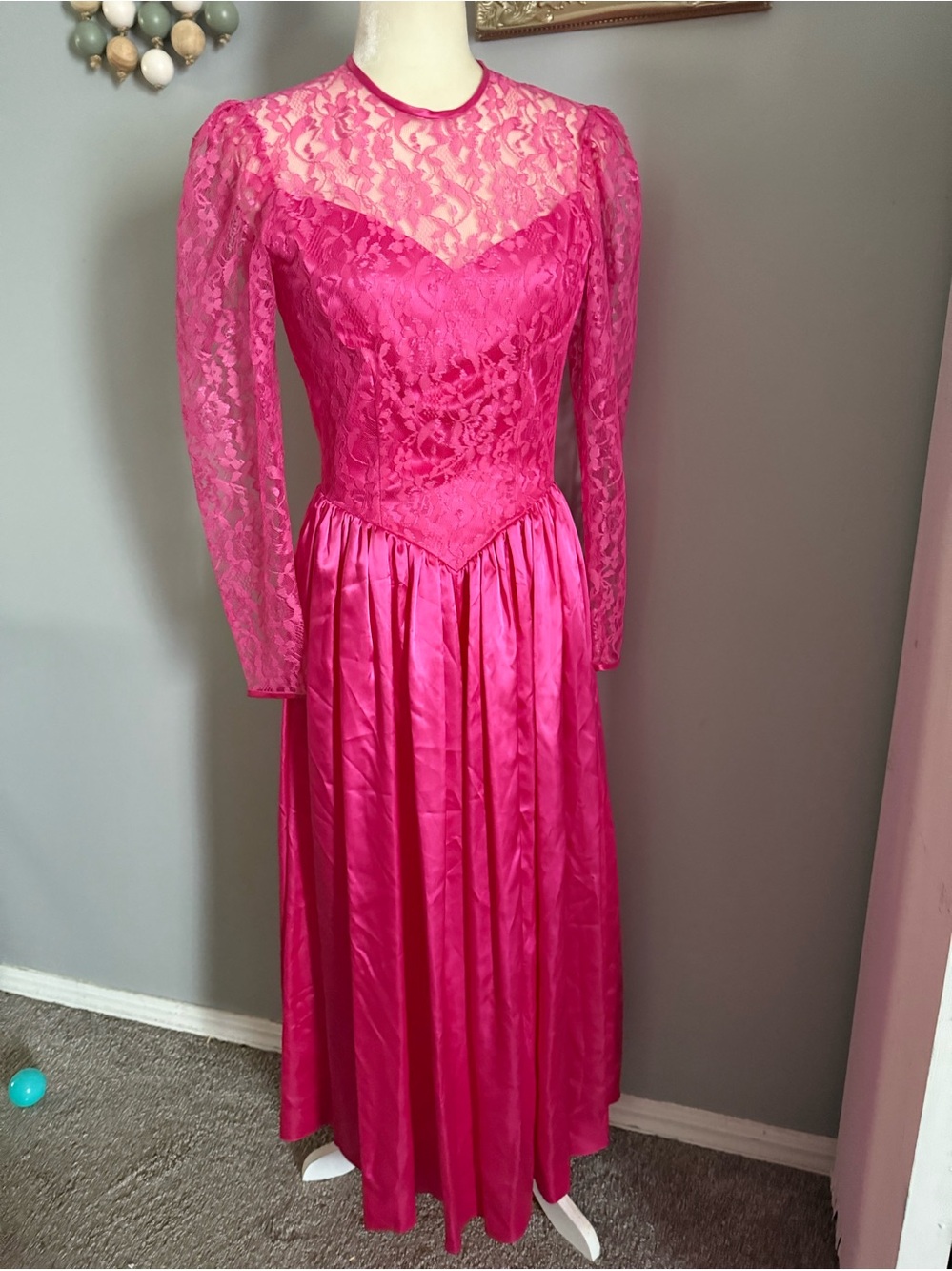 Hot Pink Lace and Satin Dress vintage prom